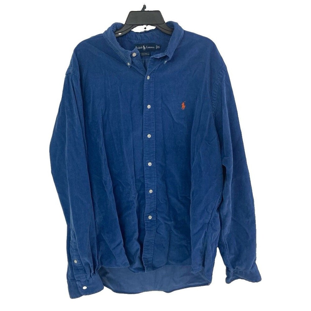 Men's VTG Ralph Lauren Custom Fit Corduroy Shirt Long Sleeve Blue Size 2XL